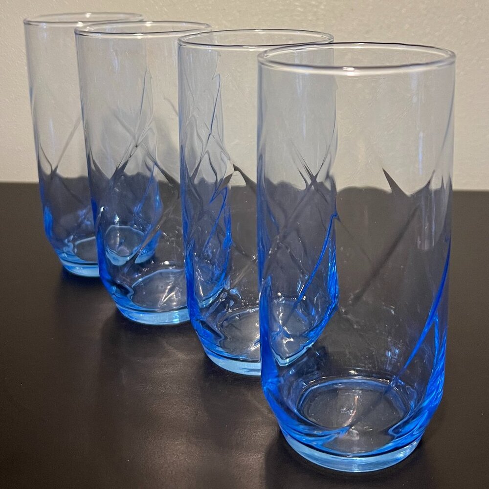 Set of 4 Vintage LIBBEY Misty Blue Optic Swirl Glass Tumblers ~ MCM Glassware
